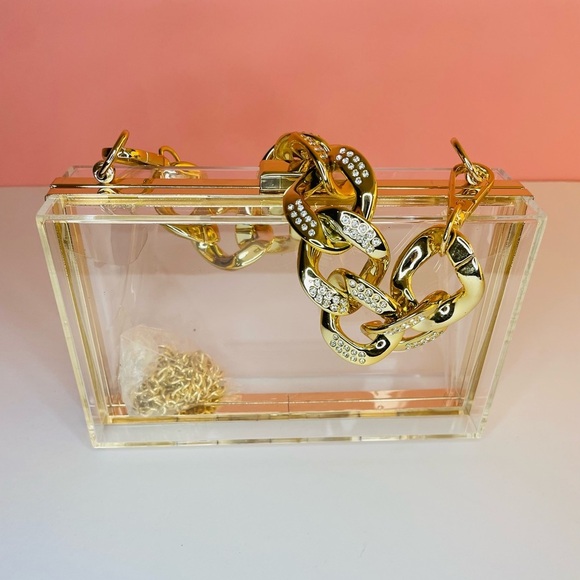 Crystal Chunky Chain Gold/Clear Box Clutch Handbag - Picture 6 of 7